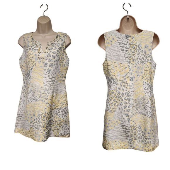 Ruby Rd. Beaded Notched V-Neck Floral Linen Shift Dress White Size 6P - Picture 1 of 8